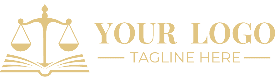 Illustration of a logo featuring balanced scales above an open book, with the words "Your Logo" and "Tagline Here" beside it.